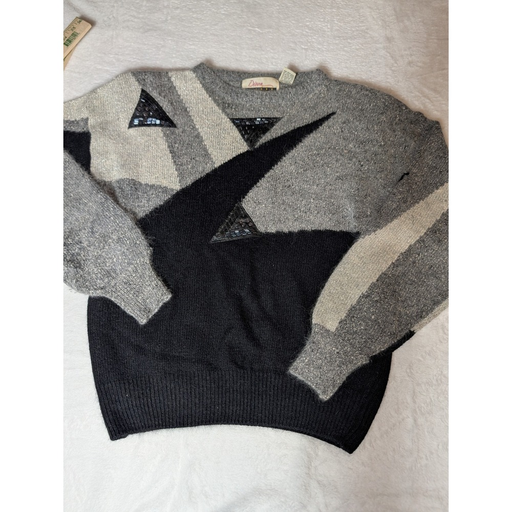 Vintage Diana Marco Angora Silk Sweater Geometric Sequin 80s 90s Glam